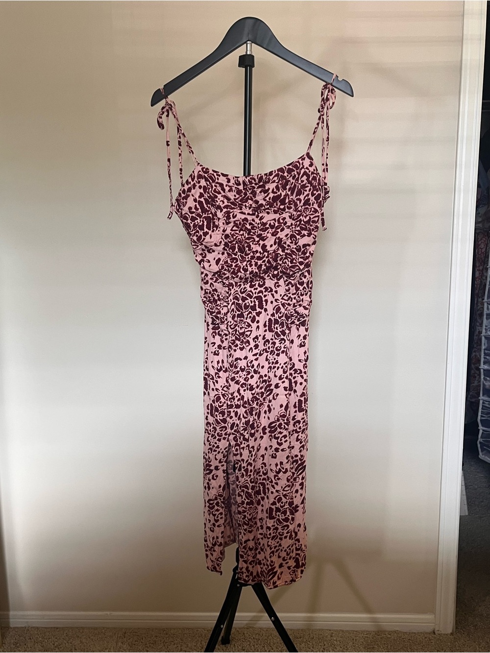 Free People Pink & Burgundy Floral-Print Tie-Strap Midi Dress